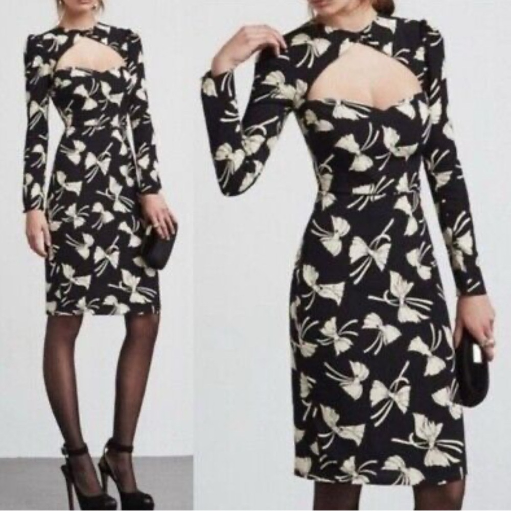 Reformation Black and Cream Floral Long Sleeve Dress